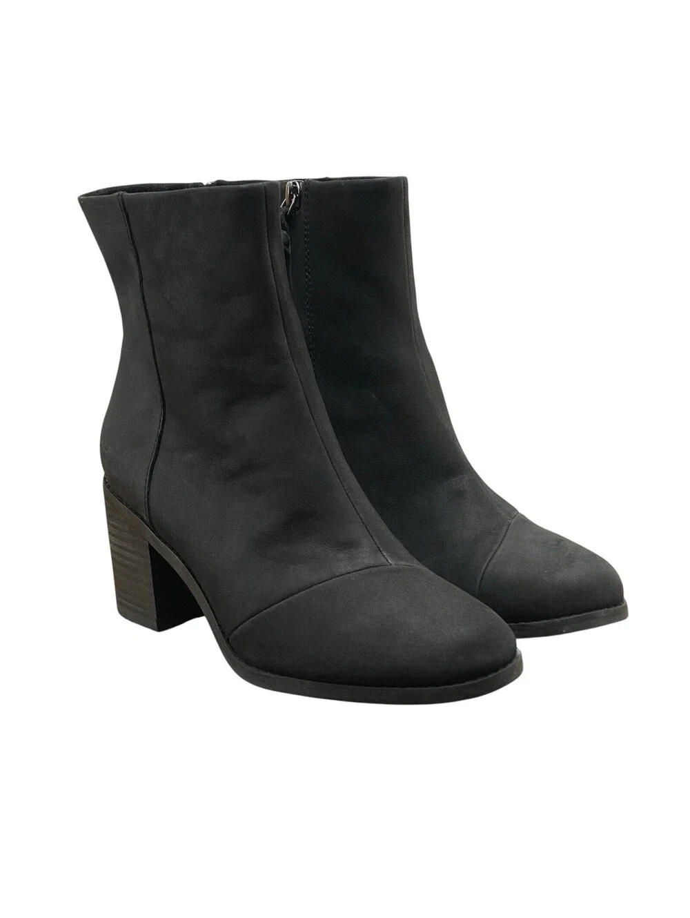 TOMS Evelyn Black Leather Heeled Ankle Boots Side Zip Block Heel Women's 8.5
